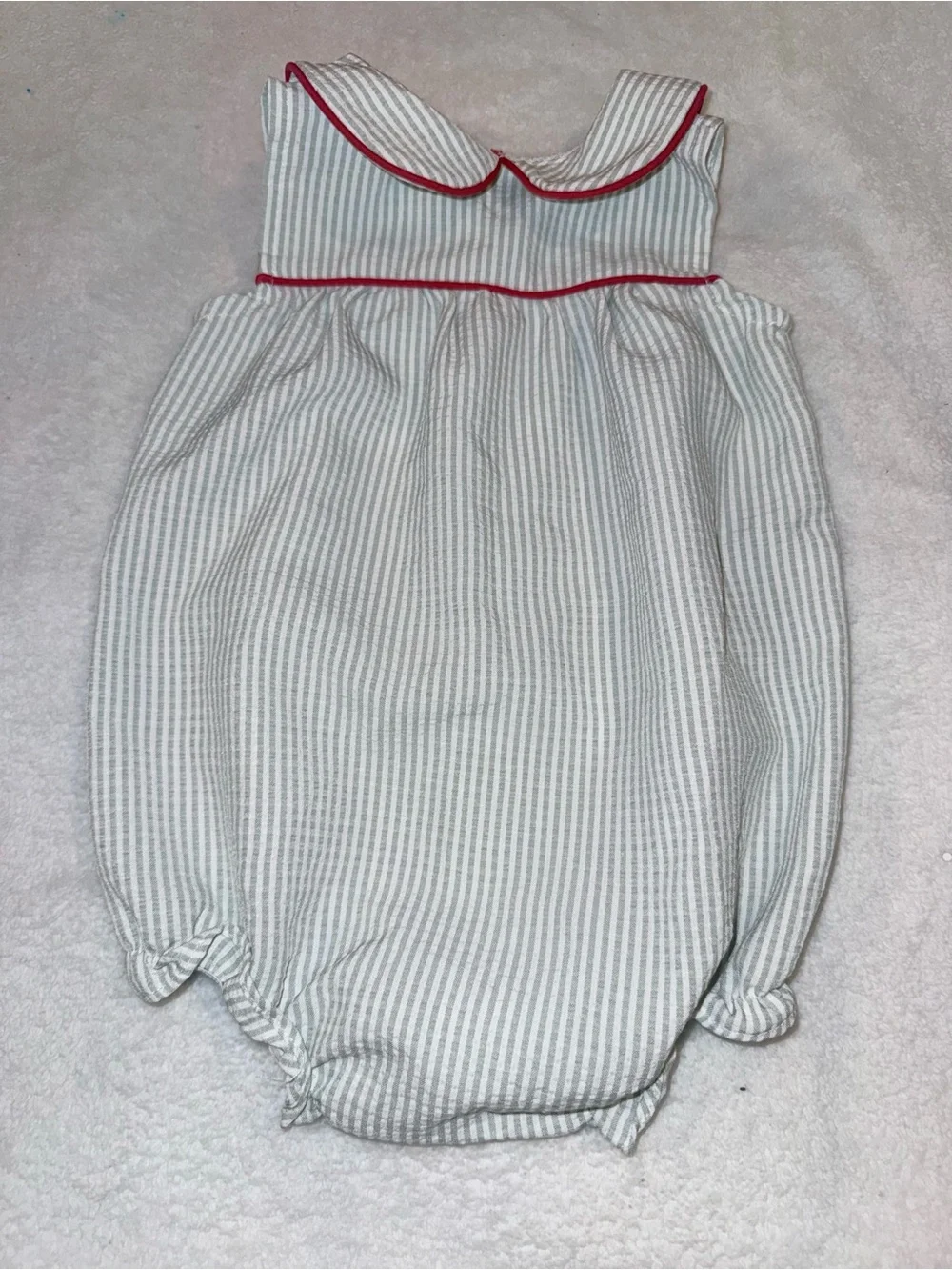 Stitchy Fish green seersucker bubble with red button accents, size 9 mo